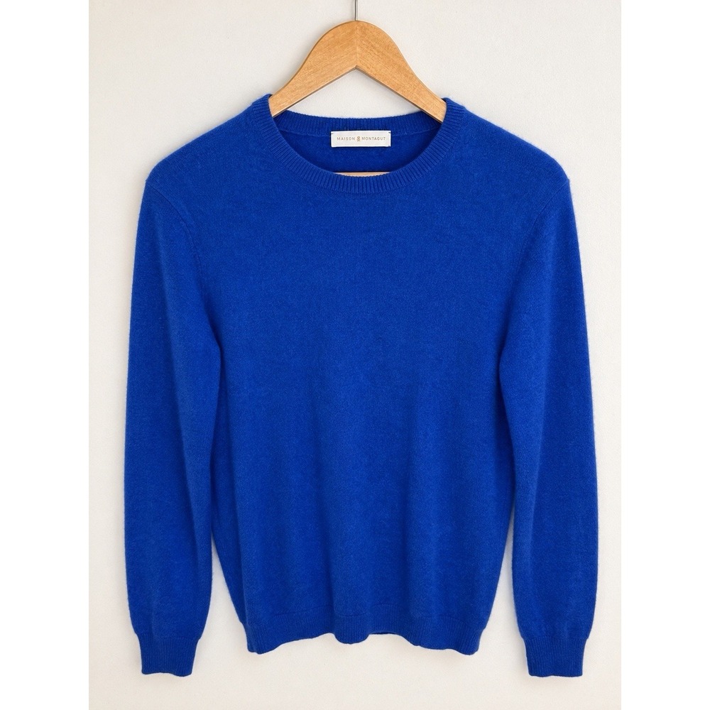 Maison Montagut Mens L 100% Cashmere Sweater Royal Blue Crewneck Pullover